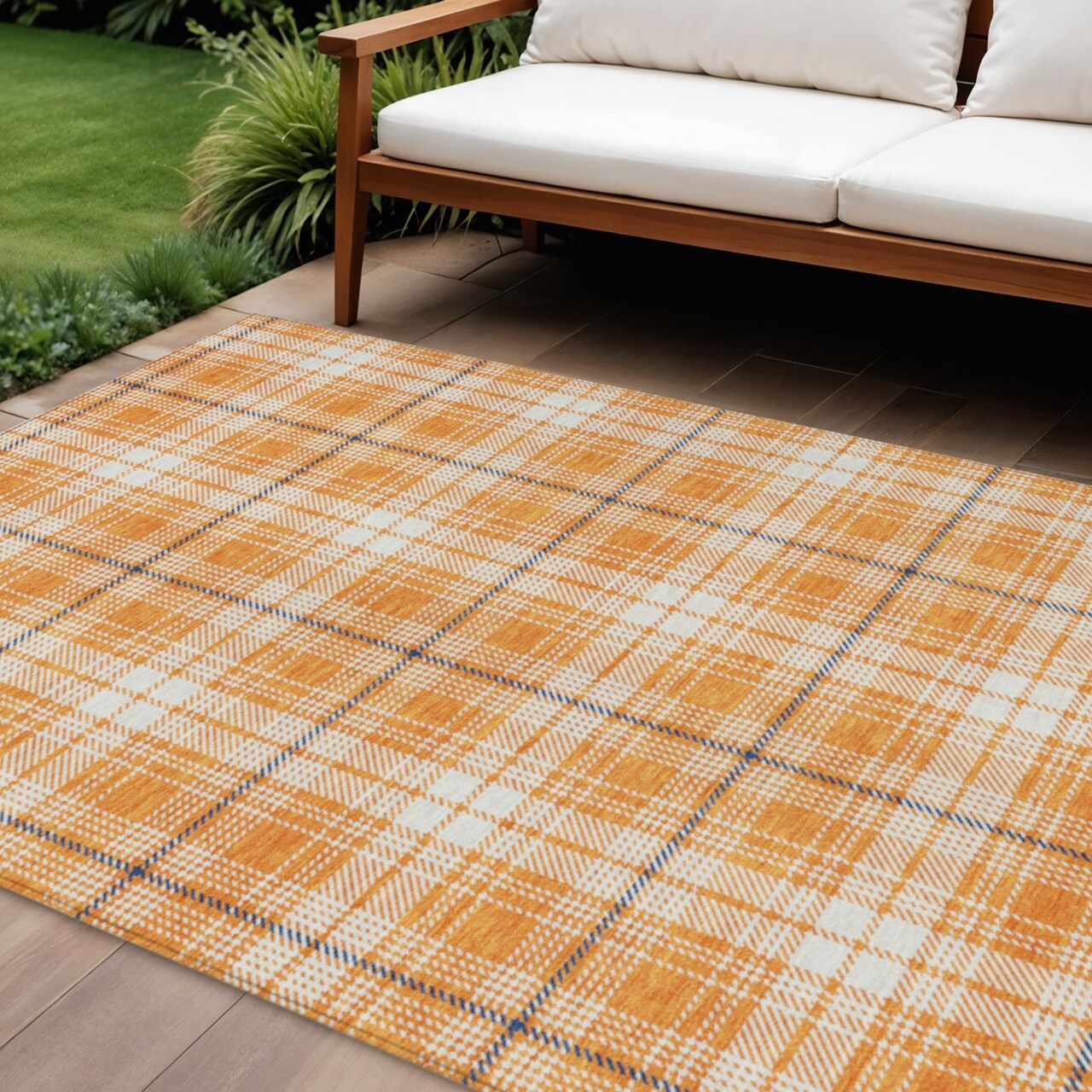 Edge Collections - 10' x 14' - Multicolor - Stain Resistant Plaid Indoor Outdoor Area Rug - 1 Piece